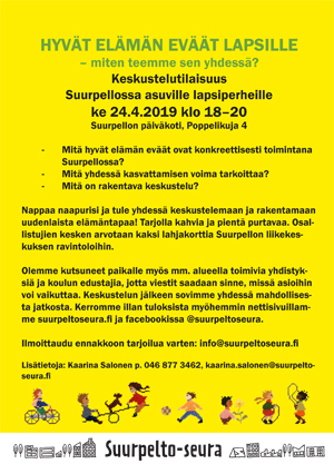 Asukasilta - Hyvän elämän eväät Suurpellon lapsille. Asukaskeskustelutilaisuus Suurpellon päiväkodilla ke 24.4.2019 klo 18.