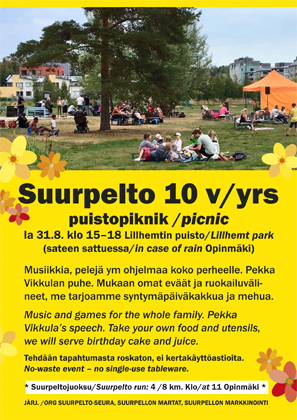 Suurpelto-seura: Suurpelto 10 v juhlapiknik Lillhemtin puistossa la 31.8.2019 klo 15-18 - Suurpelto 10 yrs anniversary picnic